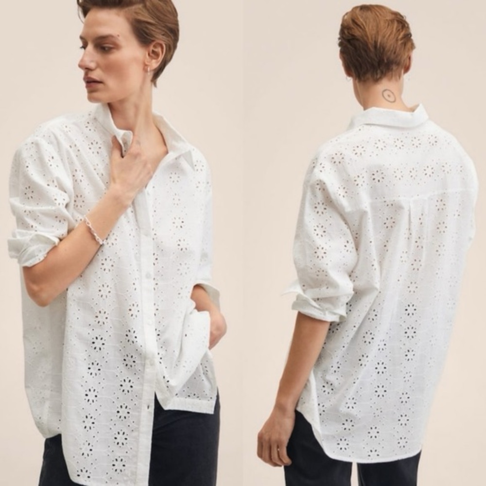 NWT MANGO Oversized Swiss Embroidered White Eyelet LS Button Down Shirt~Camisa